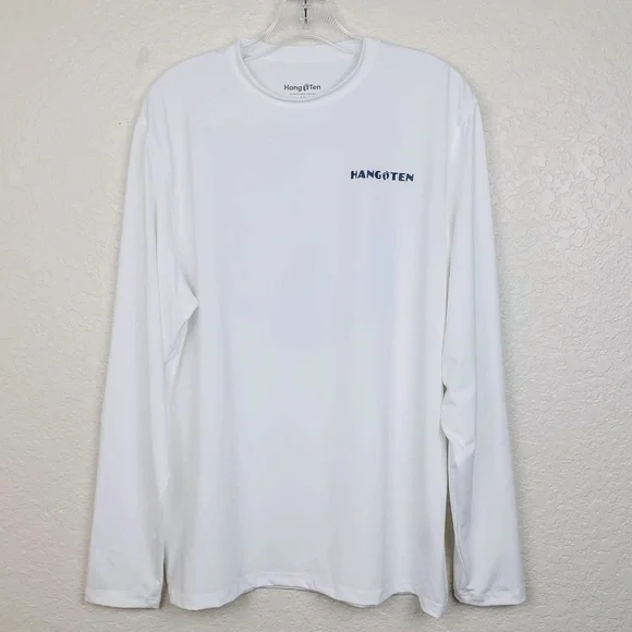 Men's Hang Ten White Crew Neck Long Sleeve UPF 50+ Quick Dry Graphic T-Shirt - Picture 3 of 9